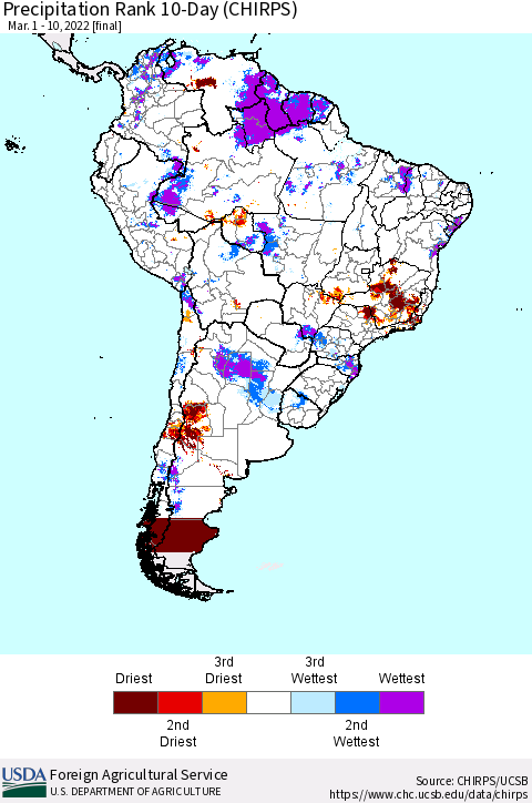 South America Precipitation Rank since 1981, 10-Day (CHIRPS) Thematic Map For 3/1/2022 - 3/10/2022