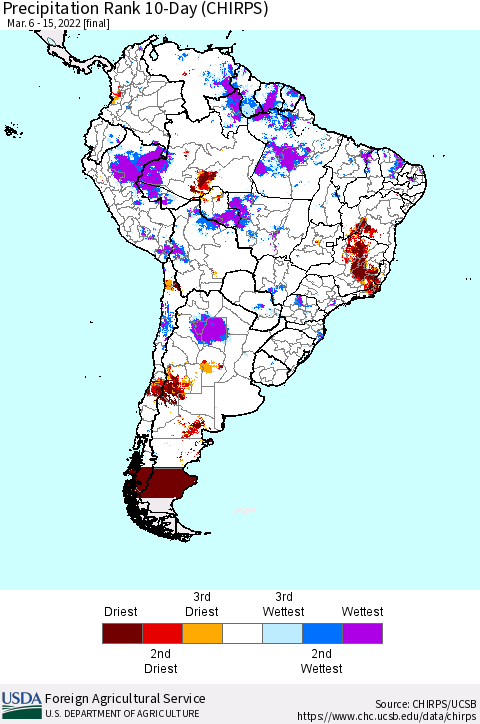 South America Precipitation Rank since 1981, 10-Day (CHIRPS) Thematic Map For 3/6/2022 - 3/15/2022