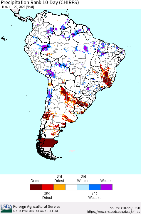 South America Precipitation Rank since 1981, 10-Day (CHIRPS) Thematic Map For 3/11/2022 - 3/20/2022