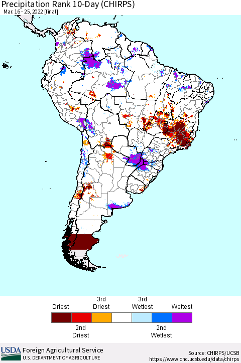 South America Precipitation Rank since 1981, 10-Day (CHIRPS) Thematic Map For 3/16/2022 - 3/25/2022