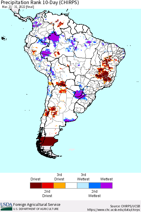 South America Precipitation Rank since 1981, 10-Day (CHIRPS) Thematic Map For 3/21/2022 - 3/31/2022