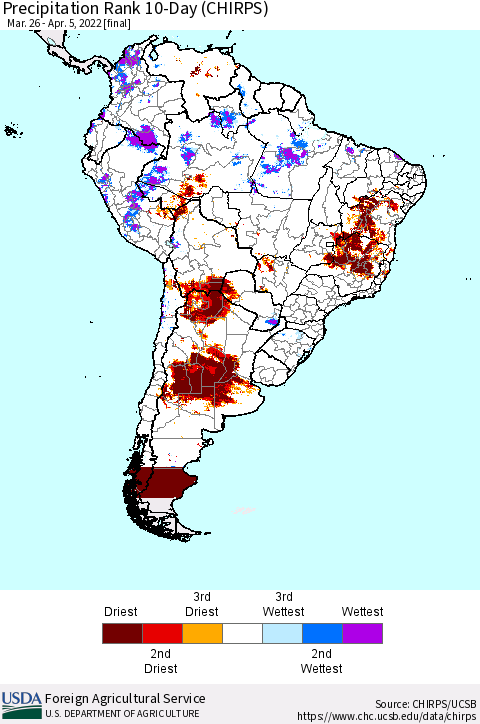 South America Precipitation Rank since 1981, 10-Day (CHIRPS) Thematic Map For 3/26/2022 - 4/5/2022