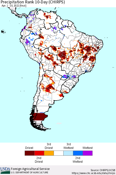 South America Precipitation Rank since 1981, 10-Day (CHIRPS) Thematic Map For 4/1/2022 - 4/10/2022