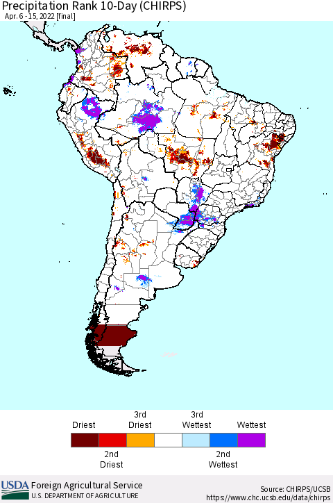 South America Precipitation Rank since 1981, 10-Day (CHIRPS) Thematic Map For 4/6/2022 - 4/15/2022