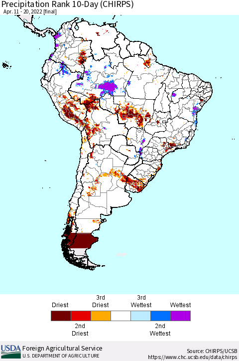 South America Precipitation Rank since 1981, 10-Day (CHIRPS) Thematic Map For 4/11/2022 - 4/20/2022