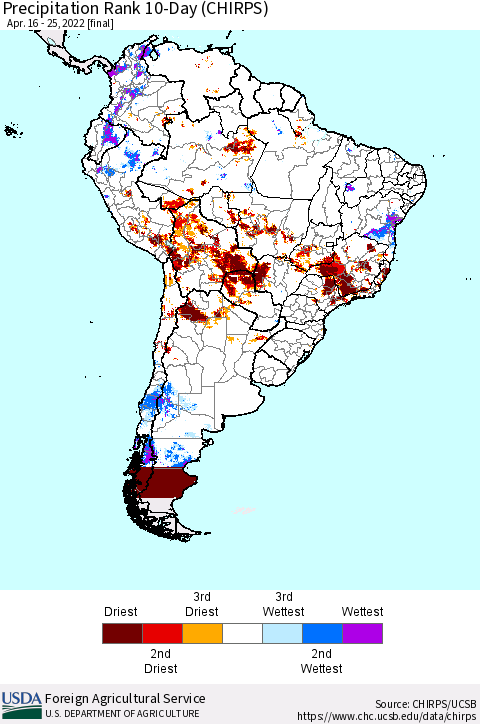 South America Precipitation Rank since 1981, 10-Day (CHIRPS) Thematic Map For 4/16/2022 - 4/25/2022