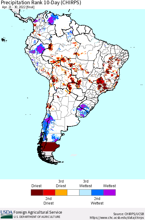 South America Precipitation Rank since 1981, 10-Day (CHIRPS) Thematic Map For 4/21/2022 - 4/30/2022