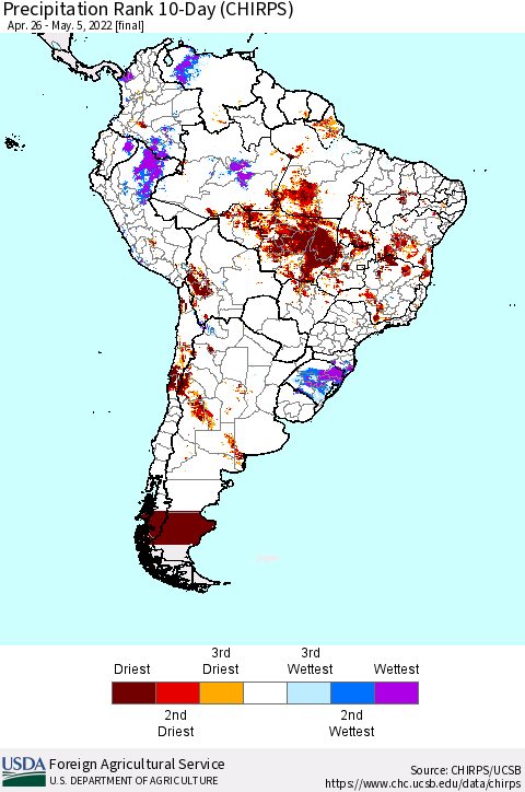 South America Precipitation Rank since 1981, 10-Day (CHIRPS) Thematic Map For 4/26/2022 - 5/5/2022