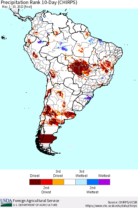 South America Precipitation Rank since 1981, 10-Day (CHIRPS) Thematic Map For 5/1/2022 - 5/10/2022