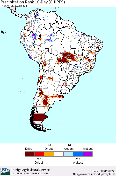 South America Precipitation Rank since 1981, 10-Day (CHIRPS) Thematic Map For 5/6/2022 - 5/15/2022