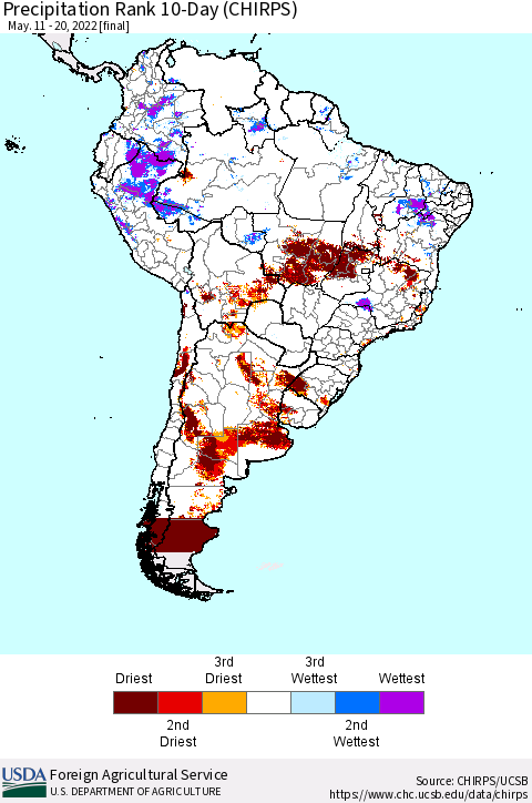 South America Precipitation Rank since 1981, 10-Day (CHIRPS) Thematic Map For 5/11/2022 - 5/20/2022