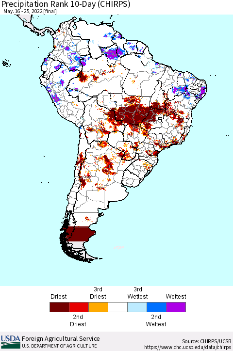 South America Precipitation Rank since 1981, 10-Day (CHIRPS) Thematic Map For 5/16/2022 - 5/25/2022