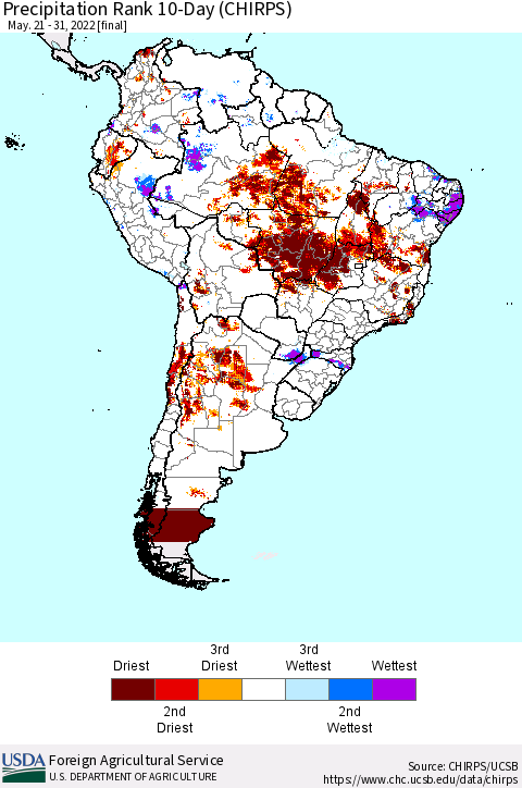 South America Precipitation Rank since 1981, 10-Day (CHIRPS) Thematic Map For 5/21/2022 - 5/31/2022