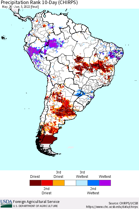 South America Precipitation Rank since 1981, 10-Day (CHIRPS) Thematic Map For 5/26/2022 - 6/5/2022
