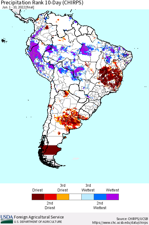 South America Precipitation Rank since 1981, 10-Day (CHIRPS) Thematic Map For 6/1/2022 - 6/10/2022