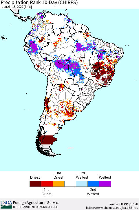 South America Precipitation Rank since 1981, 10-Day (CHIRPS) Thematic Map For 6/6/2022 - 6/15/2022