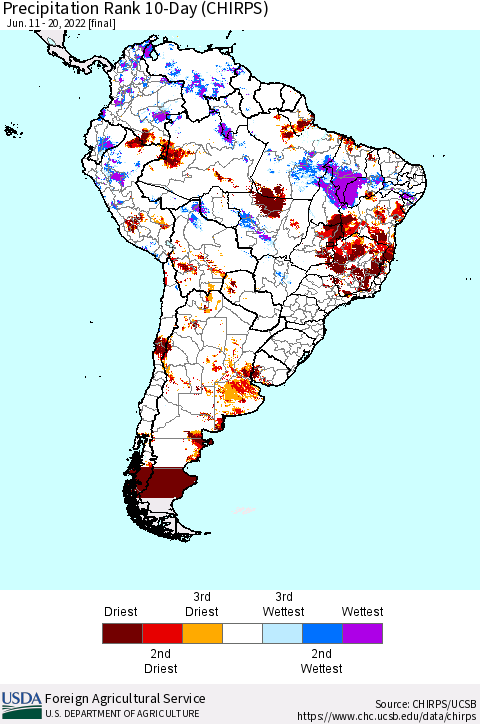 South America Precipitation Rank since 1981, 10-Day (CHIRPS) Thematic Map For 6/11/2022 - 6/20/2022