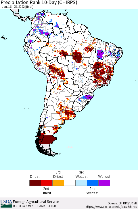 South America Precipitation Rank since 1981, 10-Day (CHIRPS) Thematic Map For 6/16/2022 - 6/25/2022