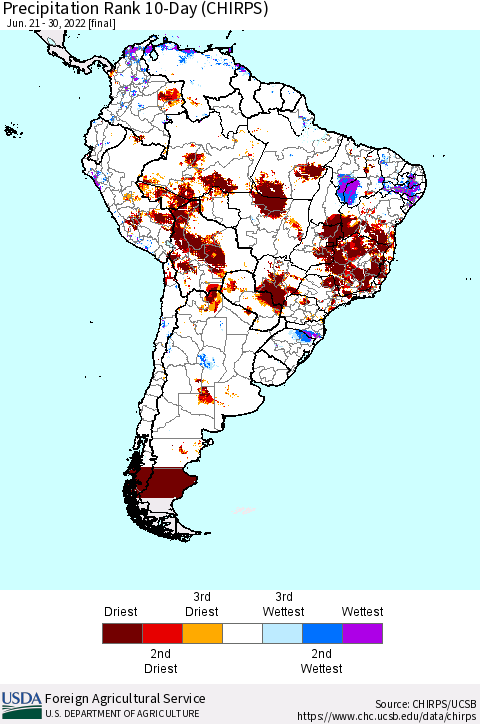South America Precipitation Rank since 1981, 10-Day (CHIRPS) Thematic Map For 6/21/2022 - 6/30/2022