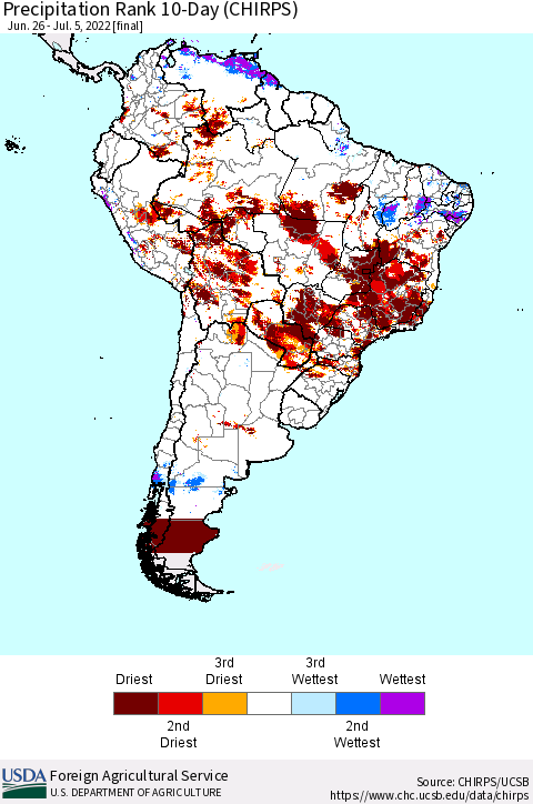 South America Precipitation Rank since 1981, 10-Day (CHIRPS) Thematic Map For 6/26/2022 - 7/5/2022