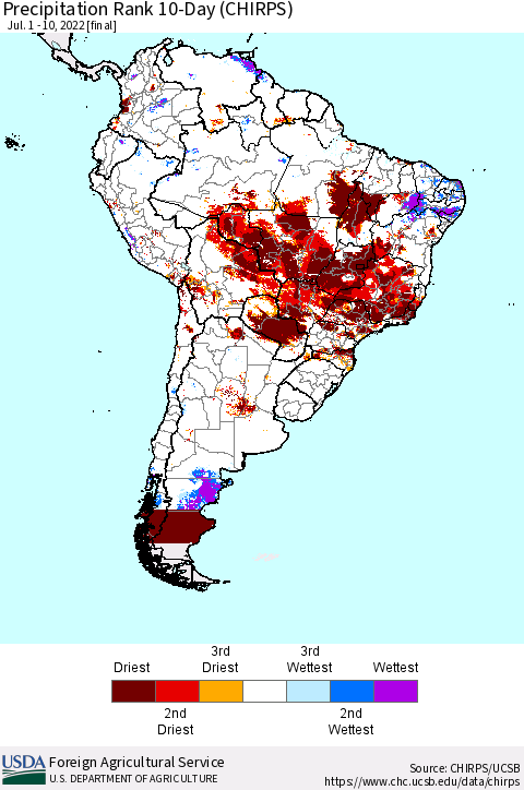 South America Precipitation Rank since 1981, 10-Day (CHIRPS) Thematic Map For 7/1/2022 - 7/10/2022