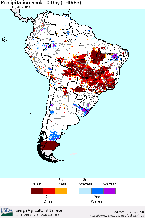 South America Precipitation Rank since 1981, 10-Day (CHIRPS) Thematic Map For 7/6/2022 - 7/15/2022