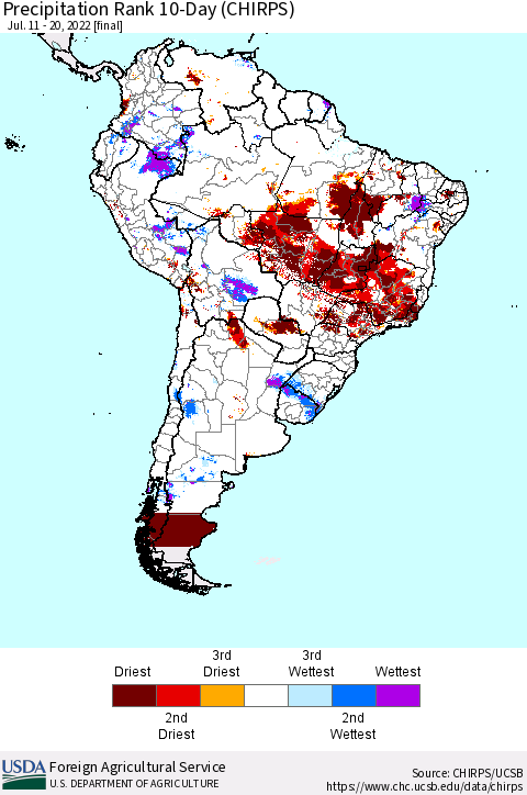 South America Precipitation Rank since 1981, 10-Day (CHIRPS) Thematic Map For 7/11/2022 - 7/20/2022
