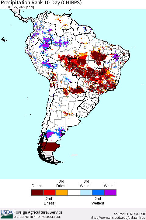 South America Precipitation Rank since 1981, 10-Day (CHIRPS) Thematic Map For 7/16/2022 - 7/25/2022