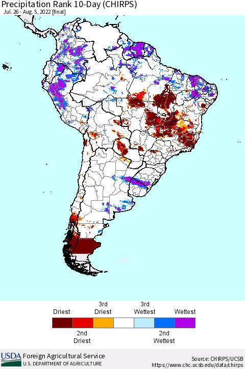 South America Precipitation Rank since 1981, 10-Day (CHIRPS) Thematic Map For 7/26/2022 - 8/5/2022