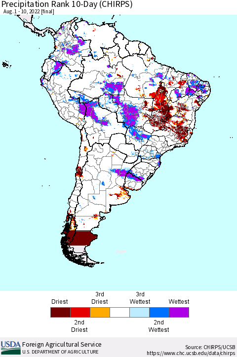 South America Precipitation Rank since 1981, 10-Day (CHIRPS) Thematic Map For 8/1/2022 - 8/10/2022