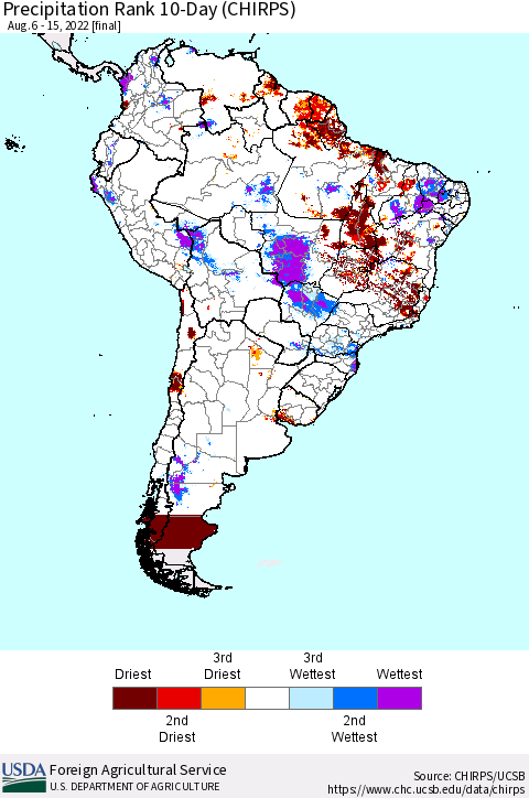 South America Precipitation Rank since 1981, 10-Day (CHIRPS) Thematic Map For 8/6/2022 - 8/15/2022