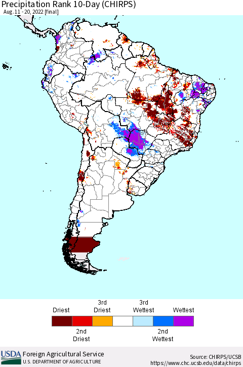South America Precipitation Rank since 1981, 10-Day (CHIRPS) Thematic Map For 8/11/2022 - 8/20/2022