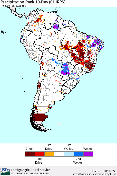 South America Precipitation Rank since 1981, 10-Day (CHIRPS) Thematic Map For 8/16/2022 - 8/25/2022