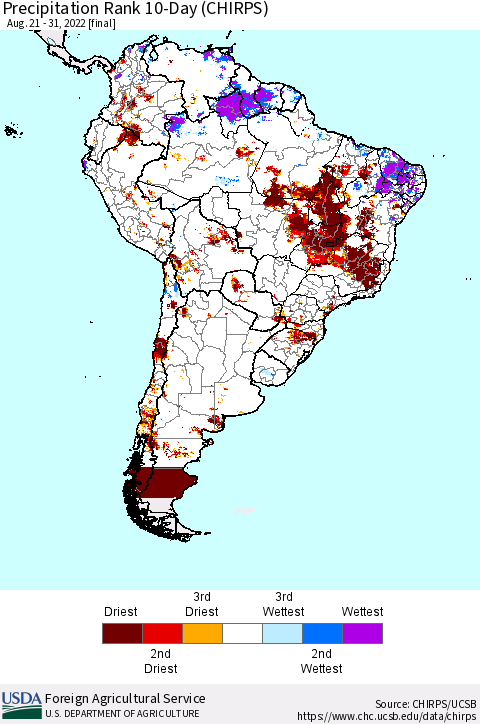 South America Precipitation Rank since 1981, 10-Day (CHIRPS) Thematic Map For 8/21/2022 - 8/31/2022