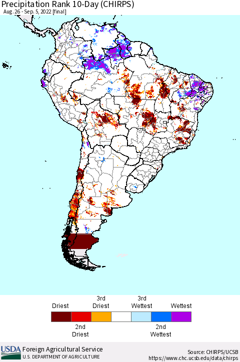 South America Precipitation Rank since 1981, 10-Day (CHIRPS) Thematic Map For 8/26/2022 - 9/5/2022