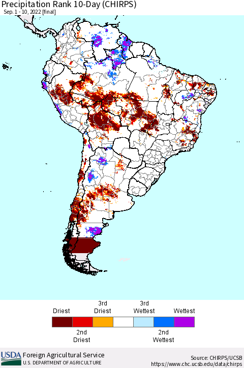 South America Precipitation Rank since 1981, 10-Day (CHIRPS) Thematic Map For 9/1/2022 - 9/10/2022
