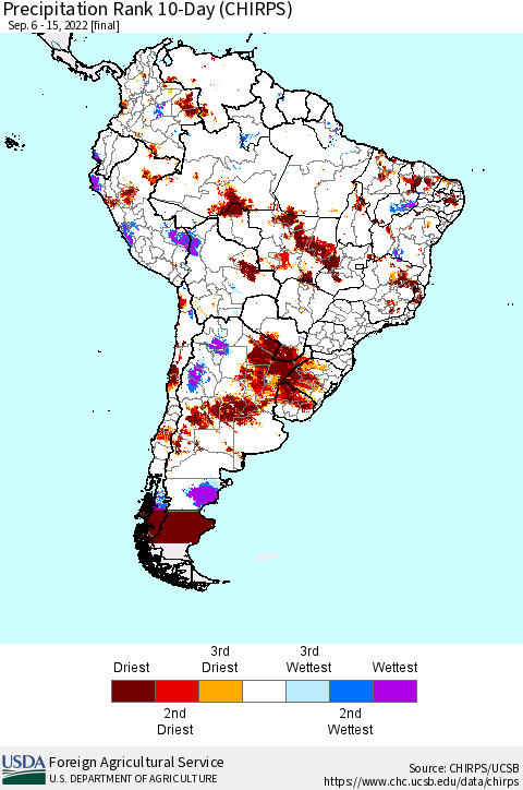South America Precipitation Rank since 1981, 10-Day (CHIRPS) Thematic Map For 9/6/2022 - 9/15/2022