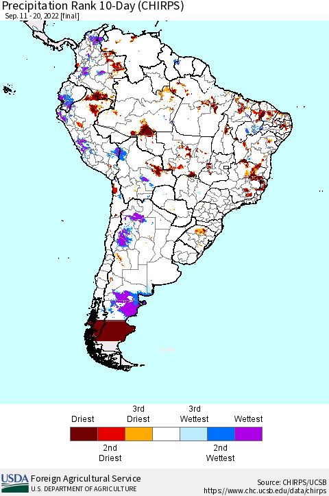 South America Precipitation Rank since 1981, 10-Day (CHIRPS) Thematic Map For 9/11/2022 - 9/20/2022