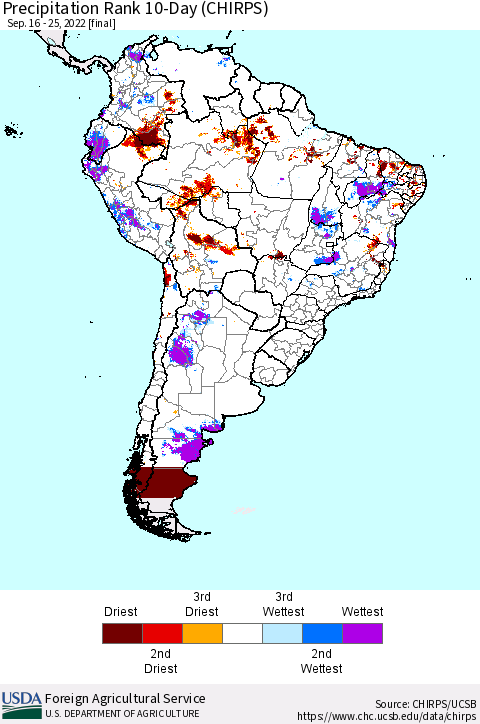 South America Precipitation Rank since 1981, 10-Day (CHIRPS) Thematic Map For 9/16/2022 - 9/25/2022