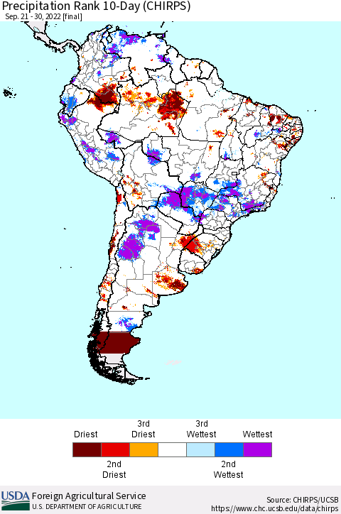 South America Precipitation Rank since 1981, 10-Day (CHIRPS) Thematic Map For 9/21/2022 - 9/30/2022