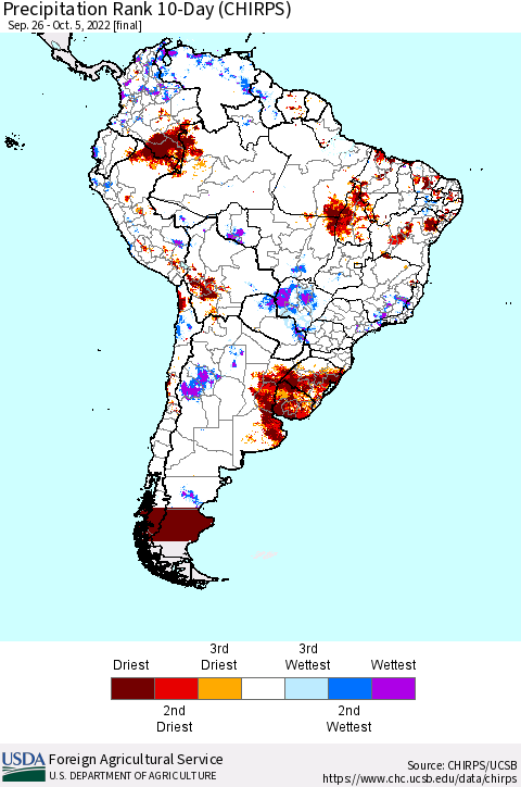 South America Precipitation Rank since 1981, 10-Day (CHIRPS) Thematic Map For 9/26/2022 - 10/5/2022