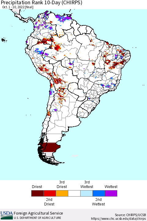 South America Precipitation Rank since 1981, 10-Day (CHIRPS) Thematic Map For 10/1/2022 - 10/10/2022