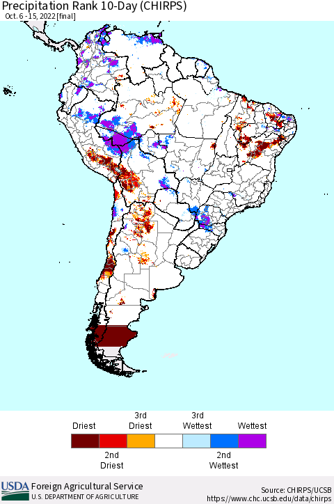 South America Precipitation Rank since 1981, 10-Day (CHIRPS) Thematic Map For 10/6/2022 - 10/15/2022