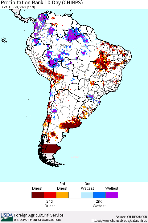South America Precipitation Rank since 1981, 10-Day (CHIRPS) Thematic Map For 10/11/2022 - 10/20/2022