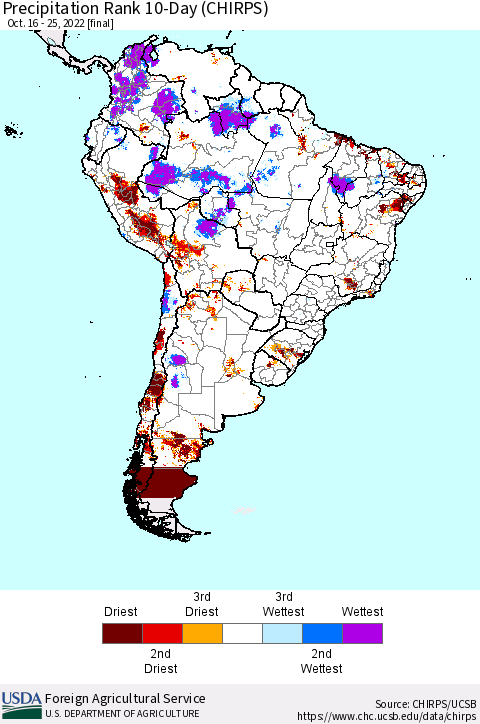 South America Precipitation Rank since 1981, 10-Day (CHIRPS) Thematic Map For 10/16/2022 - 10/25/2022
