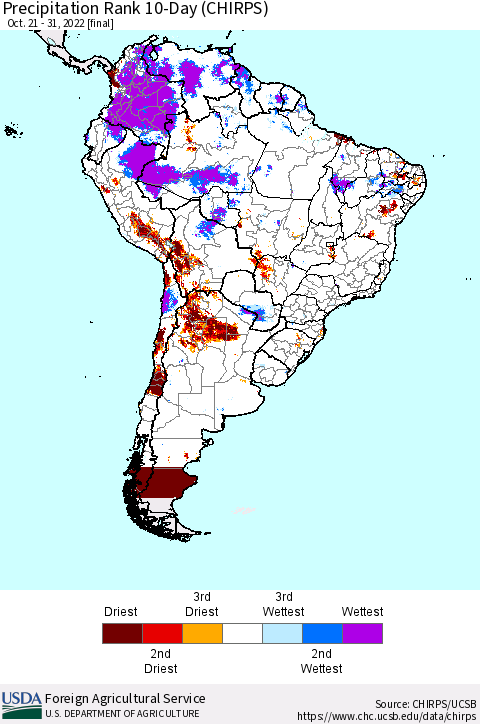 South America Precipitation Rank since 1981, 10-Day (CHIRPS) Thematic Map For 10/21/2022 - 10/31/2022