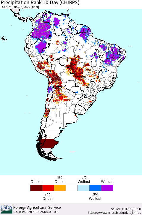 South America Precipitation Rank since 1981, 10-Day (CHIRPS) Thematic Map For 10/26/2022 - 11/5/2022