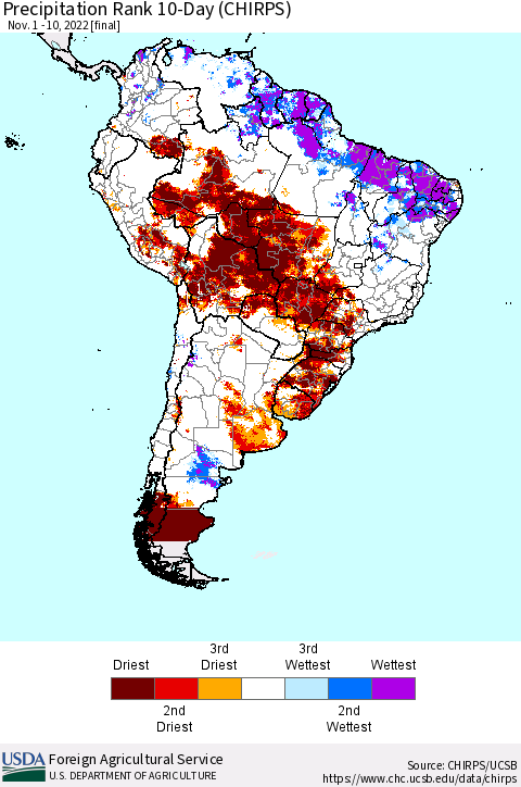 South America Precipitation Rank since 1981, 10-Day (CHIRPS) Thematic Map For 11/1/2022 - 11/10/2022