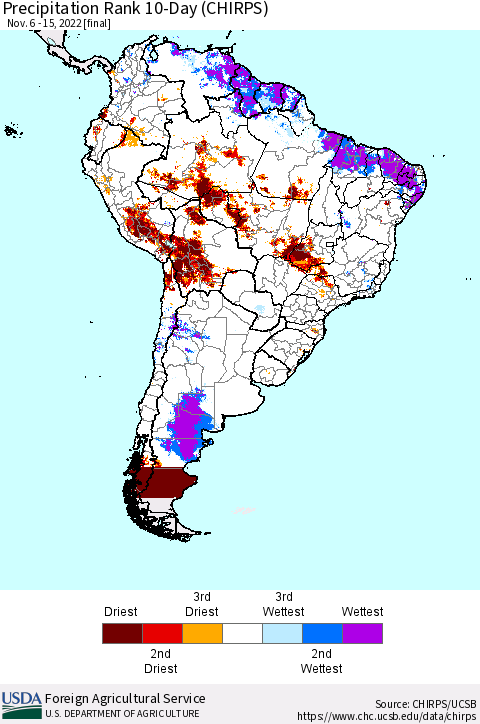 South America Precipitation Rank since 1981, 10-Day (CHIRPS) Thematic Map For 11/6/2022 - 11/15/2022