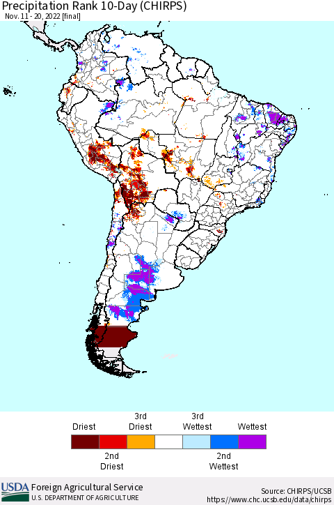 South America Precipitation Rank since 1981, 10-Day (CHIRPS) Thematic Map For 11/11/2022 - 11/20/2022